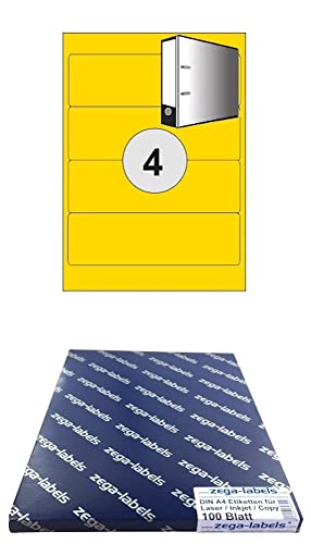 400 Ordnerrücken-Etiketten 192 x 61 mm GELB selbstklebend auf DIN A4 Bögen (1x4 Etiketten) - 100 Blatt Pack - Universell für Laser/Inkjet/Kopierer einsetzbar - 192x61mm 4-teilig von zega-labels