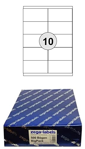 5.000 Etiketten 105 x 57 mm selbstklebend auf DIN A4 Bögen (2x5 Etiketten) - 500 Blatt Bigpack - Universell für Laser/Inkjet/Kopierer/Farblaser einsetzbar - 105x57mm 10-teilig von zega-labels