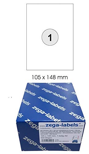 500 Etiketten 105 x 148 mm selbstklebend einzeln = DIN A6 Bögen (1x1 Etikett DIN A6) - 500 Blatt BigPack - Universell für Laser/Inkjet/Kopierer einsetzbar - Adressetiketten 148 x 105 mm einzeln von zega-labels