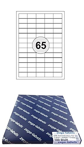 6.500 Etiketten 38 x 21,2 mm selbstklebend auf DIN A4 Bögen (5x13 Etiketten) - 100 Blatt Pack - Universell für Laser/Inkjet/Kopierer/Farblaser einsetzbar - 38x21mm 65-teilig von zega-labels