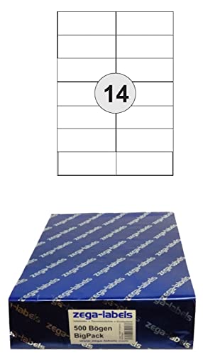 7.000 Etiketten 105 x 42,3 mm selbstklebend auf DIN A4 Bögen (2x7 Etiketten) - 500 Blatt Bigpack - Universell für Laser/Inkjet/Kopierer einsetzbar - 105x42mm 14-teilig von zega-labels