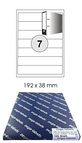 700 Ordnerrücken-Etiketten 192 x 38 mm selbstklebend auf DIN A4 Bögen (1x7 Etiketten) - 100 Blatt Pack - Universell für Laser/Inkjet/Kopierer einsetzbar - 192x38mm 7-teilig von zega-labels