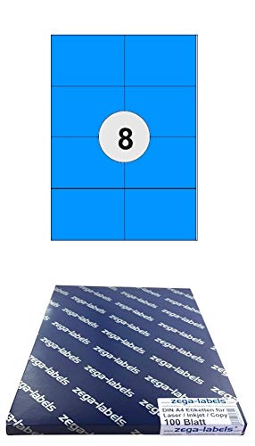 800 Etiketten 105 x 74 mm BLAU selbstklebend auf DIN A4 Bögen (2x4 Etiketten DIN A7) - 100 Blatt Pack - Universell für Laser/Inkjet/Kopierer einsetzbar - 105x74 8-teilig von zega-labels