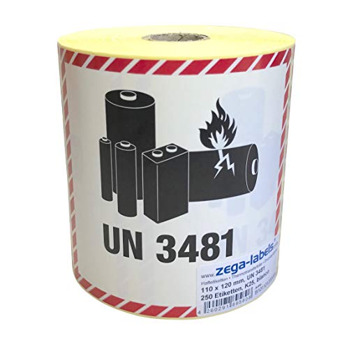 Gefahrgutetiketten auf Rolle - UN 3481 - Lithium-Ionen-Batterien - ohne Telefonnummer/zum selbstbedrucken - 250 Stück je Rolle - 120 x 110 mm - Haftpapier - Kern 25 mm für Desktopdrucker von zega-labels