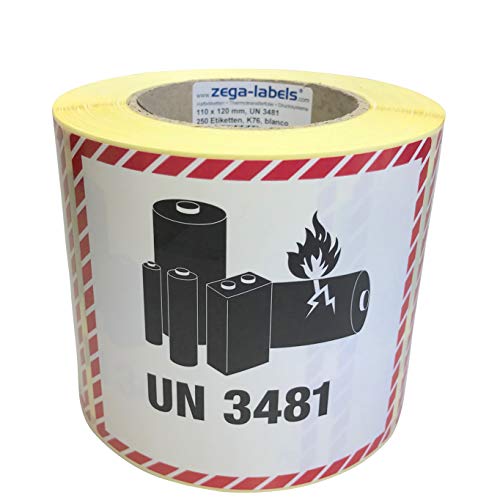 Gefahrgutetiketten auf Rolle - UN 3481 - Lithium-Ionen-Batterien - ohne Telefonnummer/zum selbstbedrucken - 250 Stück je Rolle - 120 x 110 mm - Haftpapier - Kern 76 mm für Industriedrucker von zega-labels