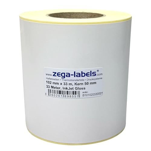 Inkjet Etiketten Endlos Rolle - 102 mm x 33 m - 33 Meter je Rolle - Kern: 50 mm - Papier weiss glänzend - aussen gewickelt - permanent haftend - Druckverfahren: Ink Jet (Rollen Tintenstrahl Drucker) von zega-labels
