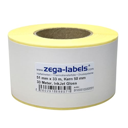 Inkjet Etiketten Endlos Rolle - 51 mm x 33 m - 33 Meter je Rolle - Kern: 50 mm - Papier weiss glänzend - aussen gewickelt - permanent haftend - Druckverfahren: Ink Jet (Rollen Tintenstrahl Drucker) von zega-labels