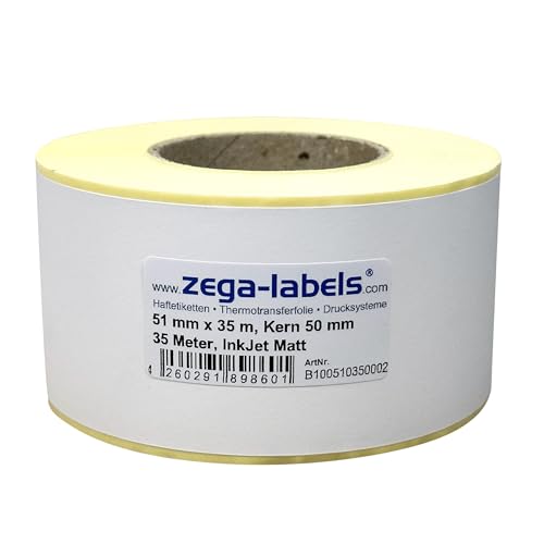 Inkjet Etiketten Endlos Rolle - 51 mm x 35 m - 35 Meter je Rolle - Kern: 50 mm - Papier weiss matt - aussen gewickelt - permanent haftend - Druckverfahren: Ink Jet (Rollen Tintenstrahl Drucker) von zega-labels