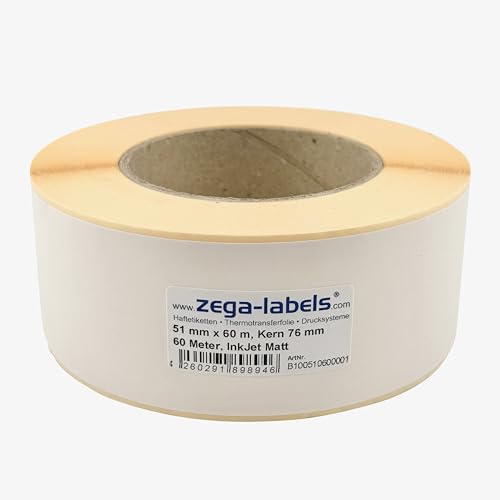 Inkjet Etiketten Endlos Rolle - 51 mm x 60 m - 60 Meter je Rolle - Kern: 76 mm - Papier weiss matt - aussen gewickelt - permanent haftend - Druckverfahren: Ink Jet (Rollen Tintenstrahl Drucker) von zega-labels