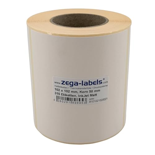 Inkjet Etiketten auf Rolle - 102 x 102 mm - 315 Stück je Rolle - Kern: 50 mm - Papier weiss matt - aussen gewickelt - permanent haftend - Druckverfahren: Ink Jet (Rollen Tintenstrahl Drucker) von zega-labels