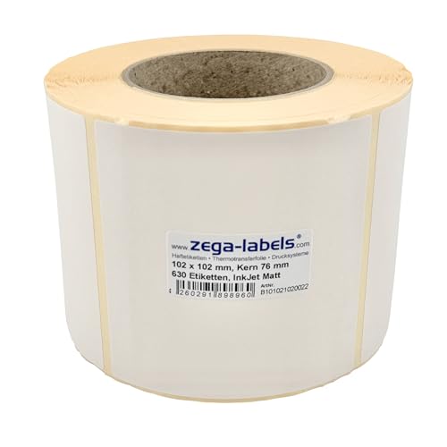 Inkjet Etiketten auf Rolle - 102 x 102 mm - 630 Stück je Rolle - Kern: 76 mm - Papier weiss matt - aussen gewickelt - permanent haftend - Druckverfahren: Ink Jet (Rollen Tintenstrahl Drucker) von zega-labels