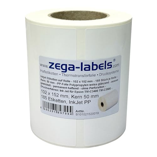 Inkjet Etiketten auf Rolle - 102 x 152 mm - 185 Stück je Rolle - Kern: 50 mm - PP-Folie weiss glänzend - aussen gewickelt - permanent haftend - Druckverfahren: Ink Jet (Rollen Tintenstrahl Drucker) von zega-labels