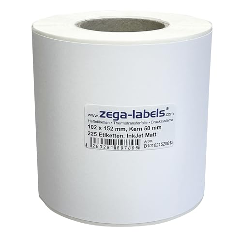 Inkjet Etiketten auf Rolle - 102 x 152 mm - 225 Stück je Rolle - Kern: 50 mm - Papier weiss matt - aussen gewickelt - permanent haftend - Druckverfahren: Ink Jet (Rollen Tintenstrahl Drucker) von zega-labels