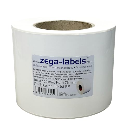Inkjet Etiketten auf Rolle - 102 x 152 mm - 370 Stück je Rolle - Kern: 76 mm - PP-Folie weiss glänzend - aussen gewickelt - permanent haftend - Druckverfahren: Ink Jet (Rollen Tintenstrahl Drucker) von zega-labels