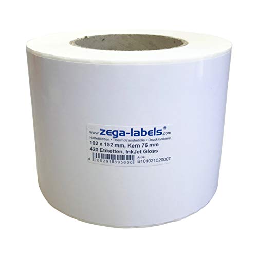 Inkjet Etiketten auf Rolle - 102 x 152 mm - 420 Stück je Rolle - Kern: 76 mm - Papier weiss glänzend - aussen gewickelt - permanent haftend - Druckverfahren: Ink Jet (Rollen Tintenstrahl Drucker) von zega-labels