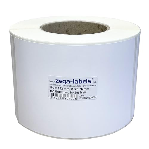 Inkjet Etiketten auf Rolle - 102 x 152 mm - 450 Stück je Rolle - Kern: 76 mm - Papier weiss matt - aussen gewickelt - permanent haftend - Druckverfahren: Ink Jet (Rollen Tintenstrahl Drucker) von zega-labels