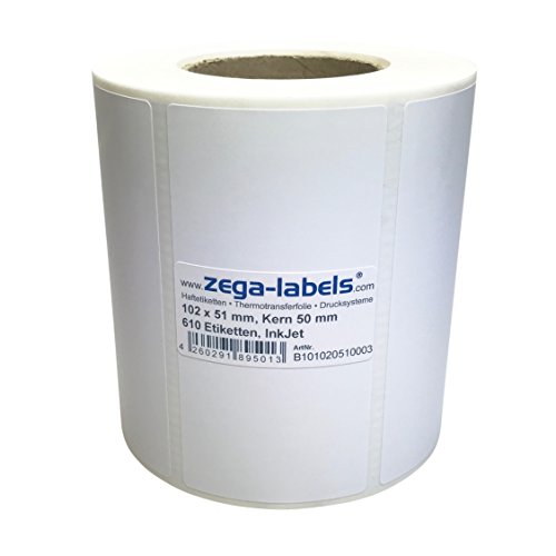 Inkjet Etiketten auf Rolle - 102 x 51 mm - 610 Stück je Rolle - Kern: 50 mm - Papier weiss glänzend - aussen gewickelt - permanent haftend - Druckverfahren: Ink Jet (Rollen Tintenstrahl Drucker) von zega-labels