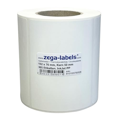 Inkjet Etiketten auf Rolle - 102 x 76 mm - 365 Stück je Rolle - Kern: 50 mm - PP-Folie weiss glänzend - aussen gewickelt - permanent haftend - Druckverfahren: Ink Jet (Rollen Tintenstrahl Drucker) von zega-labels