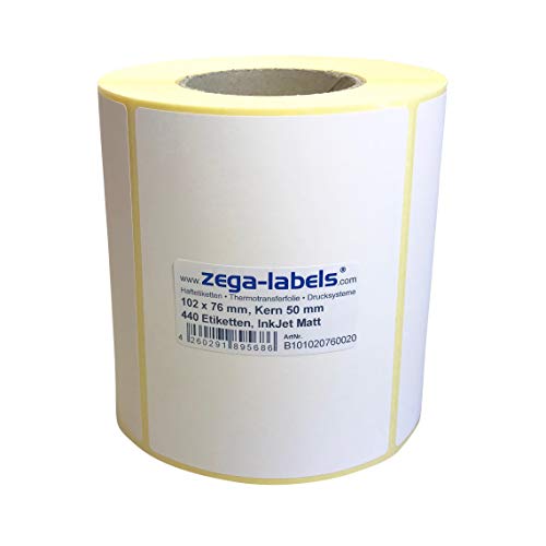 Inkjet Etiketten auf Rolle - 102 x 76 mm - 440 Stück je Rolle - Kern: 50 mm - Papier weiss matt - aussen gewickelt - permanent haftend - Druckverfahren: Ink Jet (Rollen Tintenstrahl Drucker) von zega-labels