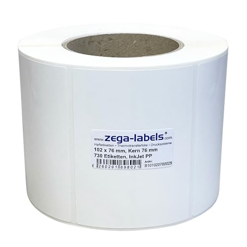 Inkjet Etiketten auf Rolle - 102 x 76 mm - 730 Stück je Rolle - Kern: 76 mm - PP-Folie weiss glänzend - aussen gewickelt - permanent haftend - Druckverfahren: Ink Jet (Rollen Tintenstrahl Drucker) von zega-labels