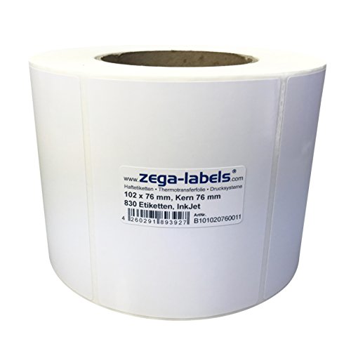 Inkjet Etiketten auf Rolle - 102 x 76 mm - 830 Stück je Rolle - Kern: 76 mm - Papier weiss glänzend - aussen gewickelt - permanent haftend - Druckverfahren: Ink Jet (Rollen Tintenstrahl Drucker) von zega-labels