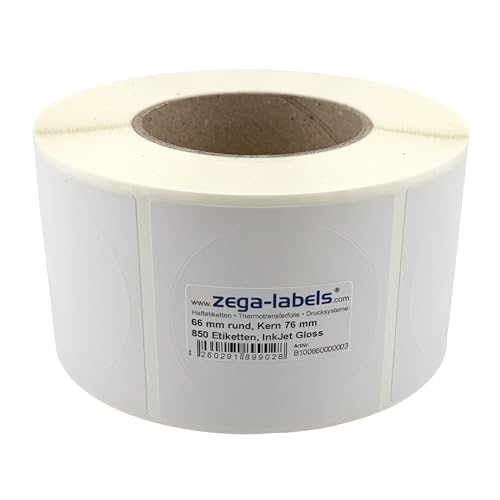 Inkjet Etiketten auf Rolle - 66 mm rund - 850 Stück je Rolle - Kern: 76 mm - Papier weiss glänzend - aussen gewickelt - permanent haftend - Druckverfahren: Ink Jet (Rollen Tintenstrahl Drucker) von zega-labels
