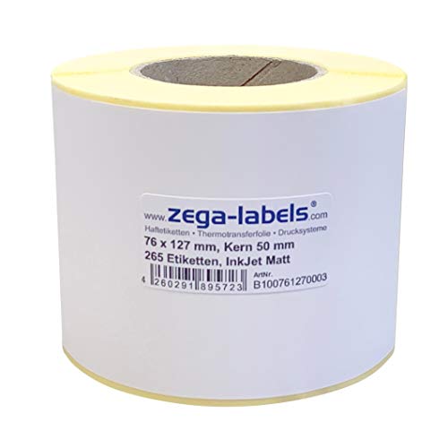 Inkjet Etiketten auf Rolle - 76 x 127 mm - 265 Stück je Rolle - Kern: 50 mm - Papier weiss matt - aussen gewickelt - permanent haftend - Druckverfahren: Ink Jet (Rollen Tintenstrahl Drucker) von zega-labels