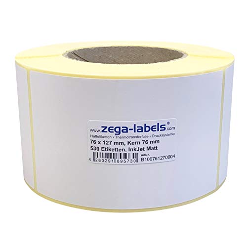 Inkjet Etiketten auf Rolle - 76 x 127 mm - 530 Stück je Rolle - Kern: 76 mm - Papier weiss matt - aussen gewickelt - permanent haftend - Druckverfahren: Ink Jet (Rollen Tintenstrahl Drucker) von zega-labels