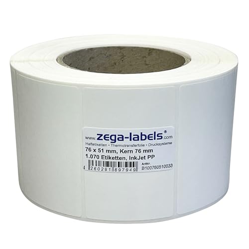 Inkjet Etiketten auf Rolle - 76 x 51 mm - 1.070 Stück je Rolle - Kern: 76 mm - PP-Folie weiss glänzend - aussen gewickelt - permanent haftend - Druckverfahren: Ink Jet (Rollen Tintenstrahl Drucker) von zega-labels