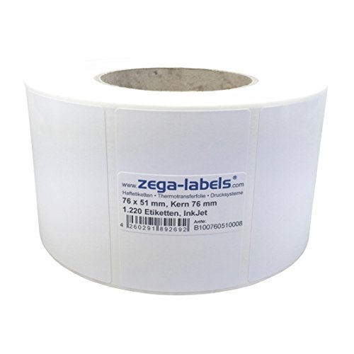 Inkjet Etiketten auf Rolle - 76 x 51 mm - 1.220 Stück je Rolle - Kern: 76 mm - Papier weiss glänzend - aussen gewickelt - permanent haftend - Druckverfahren: Ink Jet (Rollen Tintenstrahl Drucker) von zega-labels