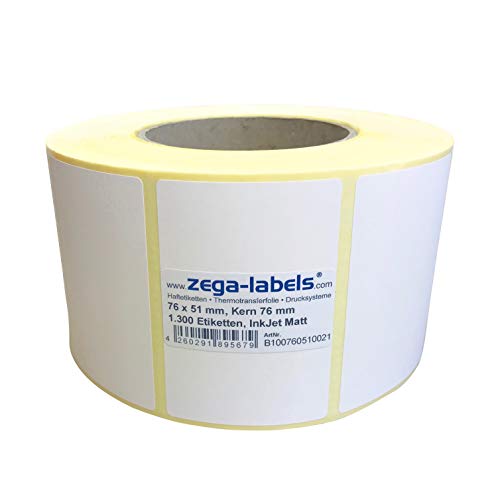 Inkjet Etiketten auf Rolle - 76 x 51 mm - 1.300 Stück je Rolle - Kern: 76 mm - Papier weiss matt - aussen gewickelt - permanent haftend - Druckverfahren: Ink Jet (Rollen Tintenstrahl Drucker) von zega-labels