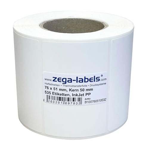 Inkjet Etiketten auf Rolle - 76 x 51 mm - 535 Stück je Rolle - Kern: 50 mm - PP-Folie weiss glänzend - aussen gewickelt - permanent haftend - Druckverfahren: Ink Jet (Rollen Tintenstrahl Drucker) von zega-labels