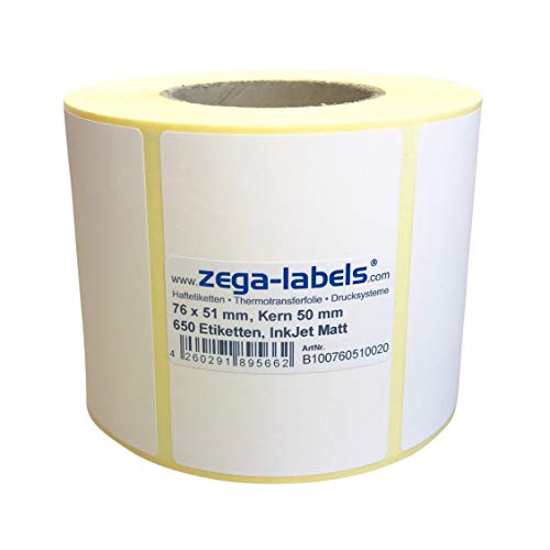 Inkjet Etiketten auf Rolle - 76 x 51 mm - 650 Stück je Rolle - Kern: 50 mm - Papier weiss matt - aussen gewickelt - permanent haftend - Druckverfahren: Ink Jet (Rollen Tintenstrahl Drucker) von zega-labels