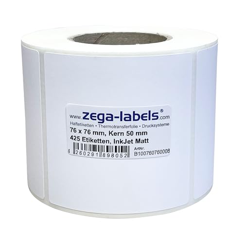 Inkjet Etiketten auf Rolle - 76 x 76 mm - 425 Stück je Rolle - Kern: 50 mm - Papier weiss matt - aussen gewickelt - permanent haftend - Druckverfahren: Ink Jet (Rollen Tintenstrahl Drucker) von zega-labels