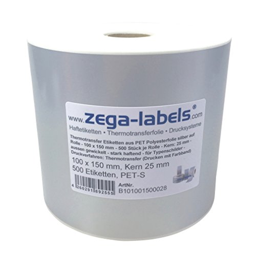 Polyester Thermotransfer Etiketten auf Rolle 100 x 150 mm aus PET Polyesterfolie silber stark haftend für Typenschilder - 500 Stück je Rolle - Kern: 25 mm Druckverfahren: Thermotransfer (mit Farbband) Polyester Thermotransfer Etiketten auf Rolle 100 x 150 mm aus PET Polyesterfolie silber stark haftend für Typenschilder - 500 Stück je Rolle - Kern: 25 mm Druckverfahren: Thermotransfer (mit Farbband) von zega-labels