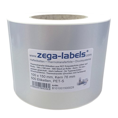 Polyester Thermotransfer Etiketten auf Rolle 100 x 150 mm aus PET Polyesterfolie silber stark haftend für Typenschilder - 500 Stück je Rolle - Kern 76 mm Druckverfahren: Thermotransfer (mit Farbband) Polyester Thermotransfer Etiketten auf Rolle 100 x 150 mm aus PET Polyesterfolie silber stark haftend für Typenschilder - 500 Stück je Rolle - Kern 76 mm Druckverfahren: Thermotransfer (mit Farbband) von zega-labels