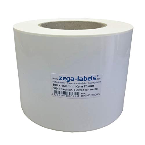 Polyester Thermotransfer Etiketten auf Rolle - 100 x 150 mm - aus PET Polyesterfolie weiss für Typenschilder - 500 Stück je Rolle - Kern: 76 mm - Druckverfahren: Thermotransfer (Drucken mit Farbband) von zega-labels