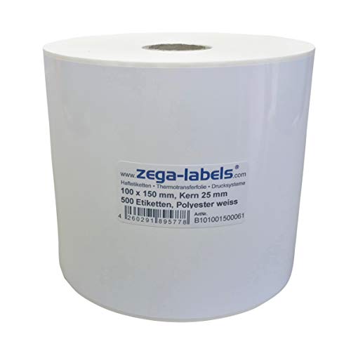 Polyester Thermotransfer Etiketten auf Rolle 100 x 150 mm aus PET Polyesterfolie weiss stark haftend für Typenschilder - 500 Stück je Rolle - Kern: 25 mm -Druckverfahren: Thermotransfer (mit Farbband) von zega-labels