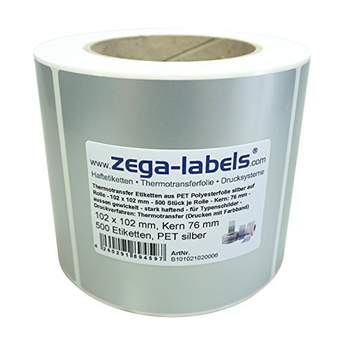 Polyester Thermotransfer Etiketten auf Rolle - 102 x 102 mm - aus PET Polyesterfolie silber für Typenschilder - 500 Stück je Rolle - Kern 76mm - Druckverfahren: Thermotransfer (Drucken mit Farbband) von zega-labels
