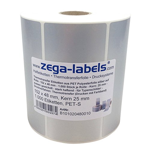 Polyester Thermotransfer Etiketten auf Rolle 102 x 48 mm aus PET Polyesterfolie silber stark haftend für Typenschilder - 1.000 Stück je Rolle - Kern 25 mm Druckverfahren: Thermotransfer (mit Farbband) Polyester Thermotransfer Etiketten auf Rolle 102 x 48 mm aus PET Polyesterfolie silber stark haftend für Typenschilder - 1.000 Stück je Rolle - Kern 25 mm Druckverfahren: Thermotransfer (mit Farbband) von zega-labels