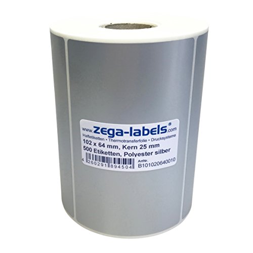 Polyester Thermotransfer Etiketten auf Rolle 102 x 64 mm aus PET Polyesterfolie silber stark haftend für Typenschilder - 500 Stück je Rolle - Kern: 25 mm Druckverfahren: Thermotransfer (mit Farbband) von zega-labels