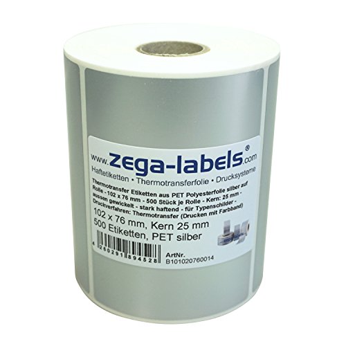 Polyester Thermotransfer Etiketten auf Rolle 102 x 76 mm aus PET Polyesterfolie silber stark haftend für Typenschilder - 500 Stück je Rolle - Kern: 25 mm Druckverfahren: Thermotransfer (mit Farbband) von zega-labels