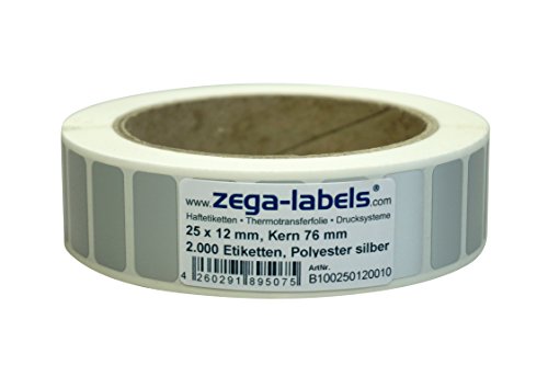 Polyester Thermotransfer Etiketten auf Rolle - 25 x 12 mm - aus PET Polyesterfolie silber für Typenschilder - 2.000 Stück je Rolle - Kern 76mm - Druckverfahren: Thermotransfer (Drucken mit Farbband) von zega-labels