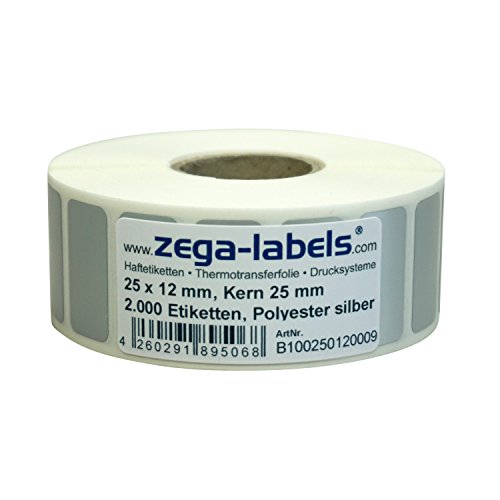 Polyester Thermotransfer Etiketten auf Rolle 25 x 12 mm aus PET Polyesterfolie silber stark haftend für Typenschilder - 2.000 Stück je Rolle - Kern: 25 mm Druckverfahren: Thermotransfer(mit Farbband) von zega-labels