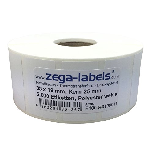 Polyester Thermotransfer Etiketten auf Rolle 35 x 19 mm aus PET Polyesterfolie weiss stark haftend für Typenschilder - 2.000 Stück je Rolle - Kern 25 mm Druckverfahren: Thermotransfer (mit Farbband) Polyester Thermotransfer Etiketten auf Rolle 35 x 19 mm aus PET Polyesterfolie weiss stark haftend für Typenschilder - 2.000 Stück je Rolle - Kern 25 mm Druckverfahren: Thermotransfer (mit Farbband) von zega-labels