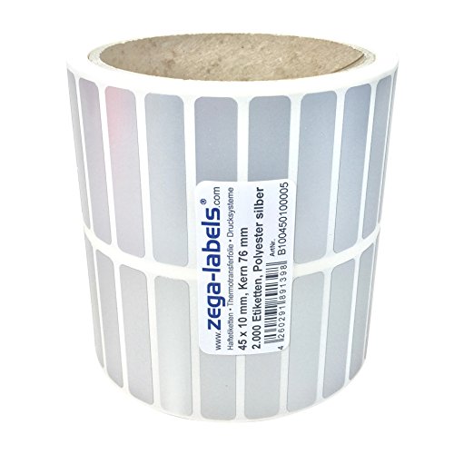 Polyester Thermotransfer Etiketten auf Rolle 45 x 10 mm aus PET Polyesterfolie silber stark haftend für Typenschilder - 2.000 Stück je Rolle - Kern 76 mm Druckverfahren: Thermotransfer (mit Farbband) von zega-labels
