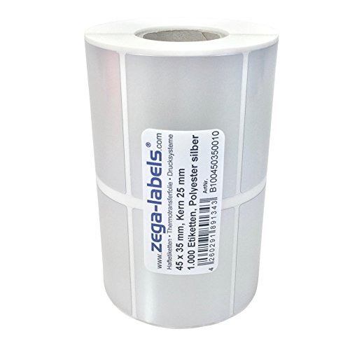 Polyester Thermotransfer Etiketten auf Rolle 45 x 35 mm aus PET Polyesterfolie silber stark haftend für Typenschilder - 1.000 Stück je Rolle - Kern 25 mm Druckverfahren: Thermotransfer (mit Farbband) Polyester Thermotransfer Etiketten auf Rolle 45 x 35 mm aus PET Polyesterfolie silber stark haftend für Typenschilder - 1.000 Stück je Rolle - Kern 25 mm Druckverfahren: Thermotransfer (mit Farbband) von zega-labels