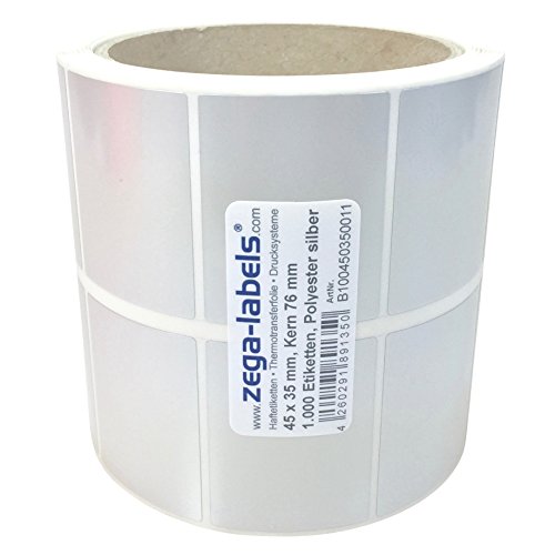 Polyester Thermotransfer Etiketten auf Rolle 45 x 35 mm aus PET Polyesterfolie silber stark haftend für Typenschilder - 1.000 Stück je Rolle - Kern 76 mm Druckverfahren: Thermotransfer (mit Farbband) von zega-labels