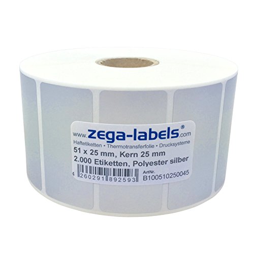 Polyester Thermotransfer Etiketten auf Rolle 51 x 25 mm aus PET Polyesterfolie silber stark haftend für Typenschilder - 2.000 Stück je Rolle - Kern: 25 mm Druckverfahren: Thermotransfer (mit Farbband) Polyester Thermotransfer Etiketten auf Rolle 51 x 25 mm aus PET Polyesterfolie silber stark haftend für Typenschilder - 2.000 Stück je Rolle - Kern: 25 mm Druckverfahren: Thermotransfer (mit Farbband) von zega-labels