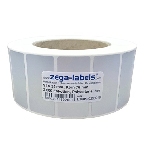 Polyester Thermotransfer Etiketten auf Rolle 51 x 25 mm aus PET Polyesterfolie silber stark haftend für Typenschilder - 2.000 Stück je Rolle - Kern 76 mm Druckverfahren: Thermotransfer (mit Farbband) von zega-labels